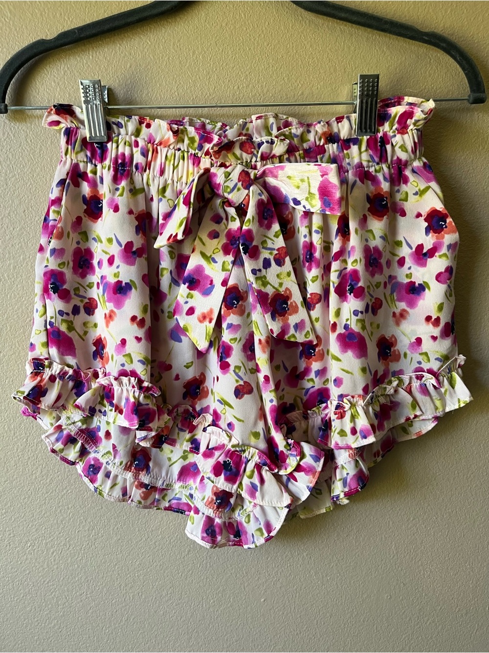 Misa Los Angeles Watercolor Flora Ruffle Shorts with Pink & Purple Print
